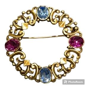 Vintage 1.75” Blue and Purple Oval Crystal Bronze Brooch